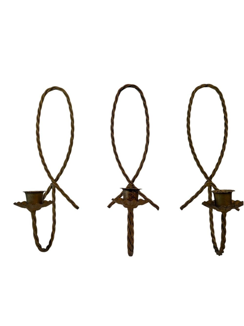 3 VTG Home Interior Homco Hollywood Regency Gold Rope Candle Holder Wall Sconces